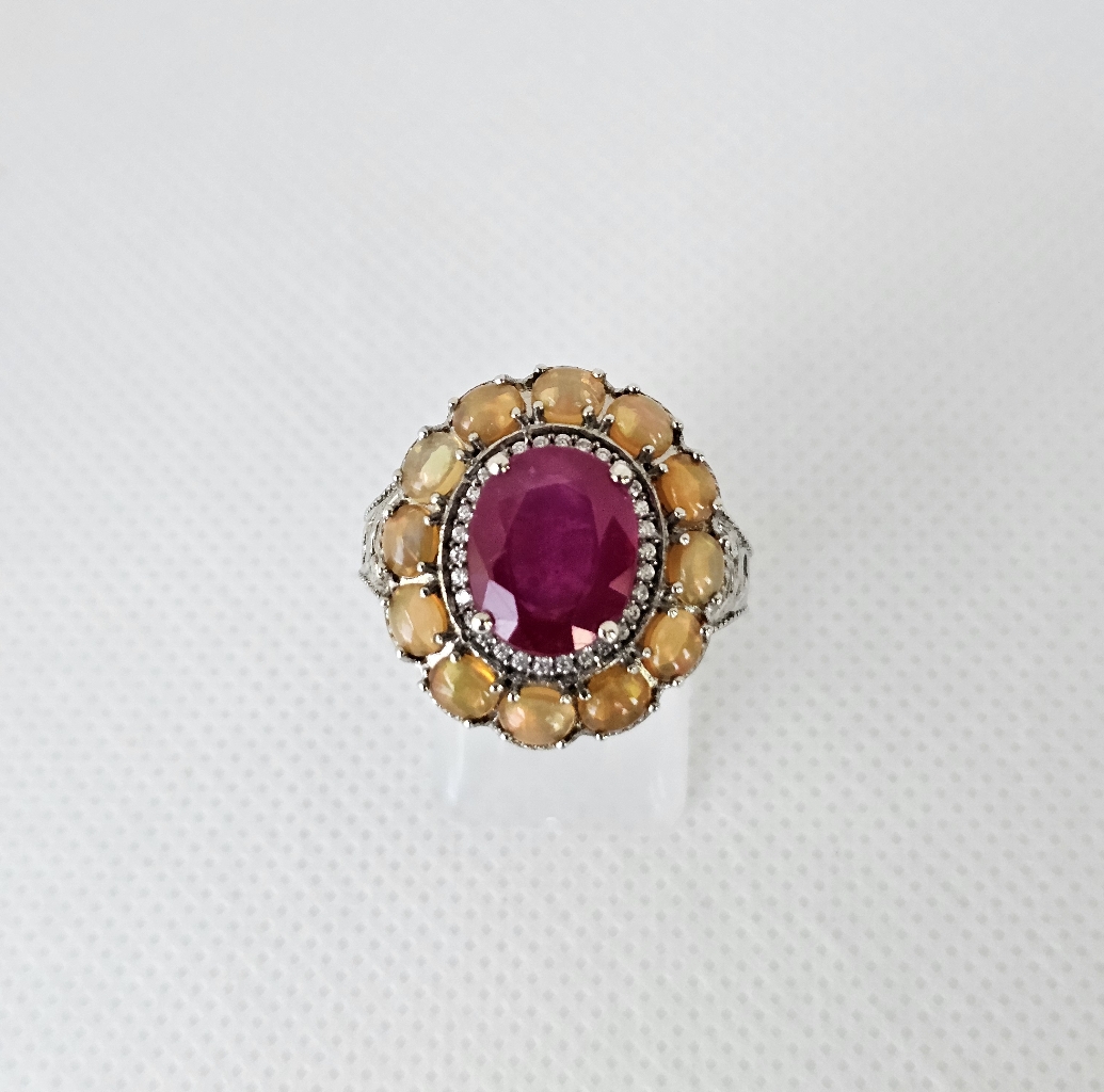 Niassa Ruby, Fire Opal & Diamond Ring Platinum Over Sterling Silver Sz 8!
